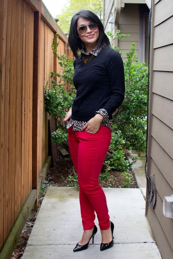 Pink Skinny Jeans. Casual wear Slim-fit pants: black pants,  Slim-Fit Pants,  shirts,  Red Jeans,  Red Pants,  Black sweater,  red sweater  