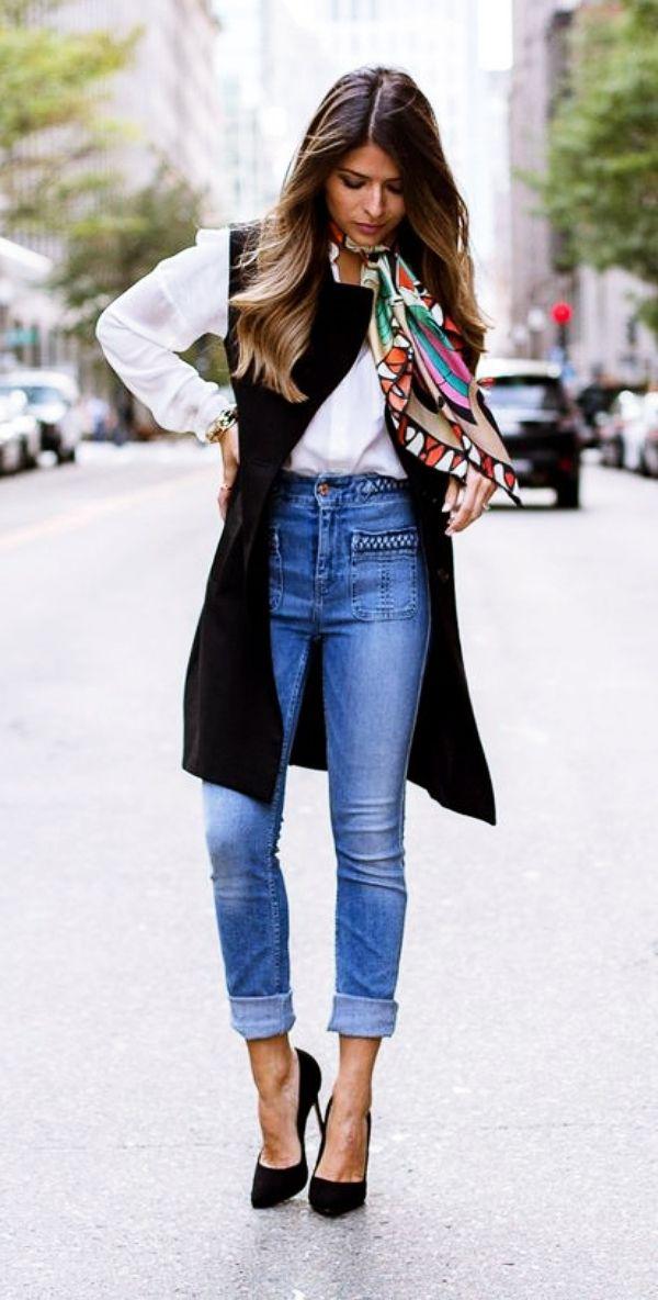 High waisted jeans. Casual outfits Slim-fit pants, Dress shirt: High Waisted,  White Shirt,  Jeans Outfit,  Girls Work Outfit,  High Waisted Jeans  