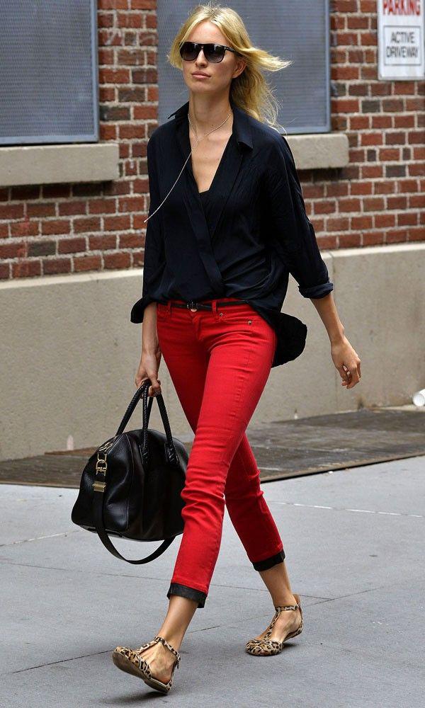 Frankie Morello Red Trousers. Beauty Tips, Celebrity Style and Fashion Advice from: Slim-Fit Pants,  Animal print,  Red Jeans,  Ballet flat,  Air Jordan,  Red Pants,  FASHION,  red trousers  