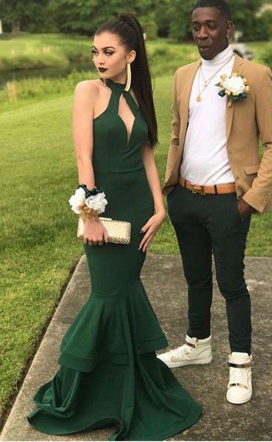 She's got that graceful green going on, and he's all about those cool contrasts in his outfit!: Sleeveless shirt,  Black Couple Homecoming Dresses  