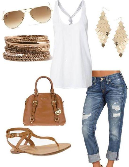 White tank top paired with distressed blue jeans: Casual Outfits,  summer outfits,  Polyvore Outfits Summer  