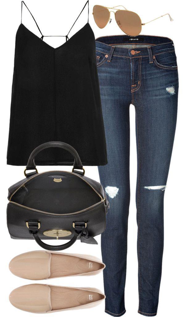 Black spaghetti-strap tank top with distressed blue skinny jeans: Smart casual,  FASHION,  Polyvore Outfits Summer  