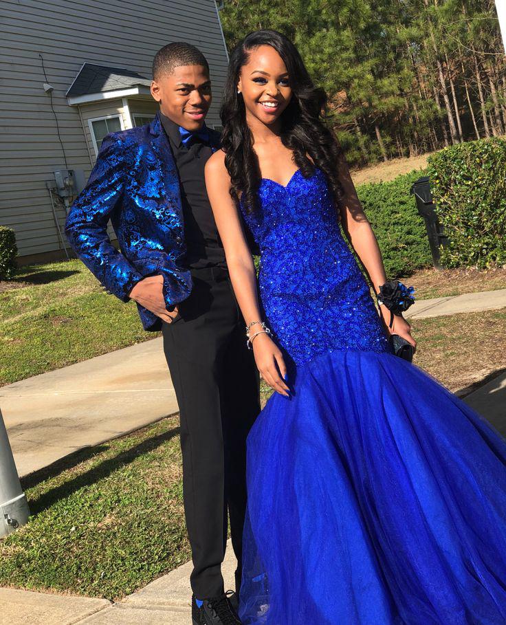 Step into the blue, her dress the color of dreams, his blazer with patterns of the sea!: Spaghetti strap,  Black Couple Homecoming Dresses,  Pretty dress,  Prom Suit  