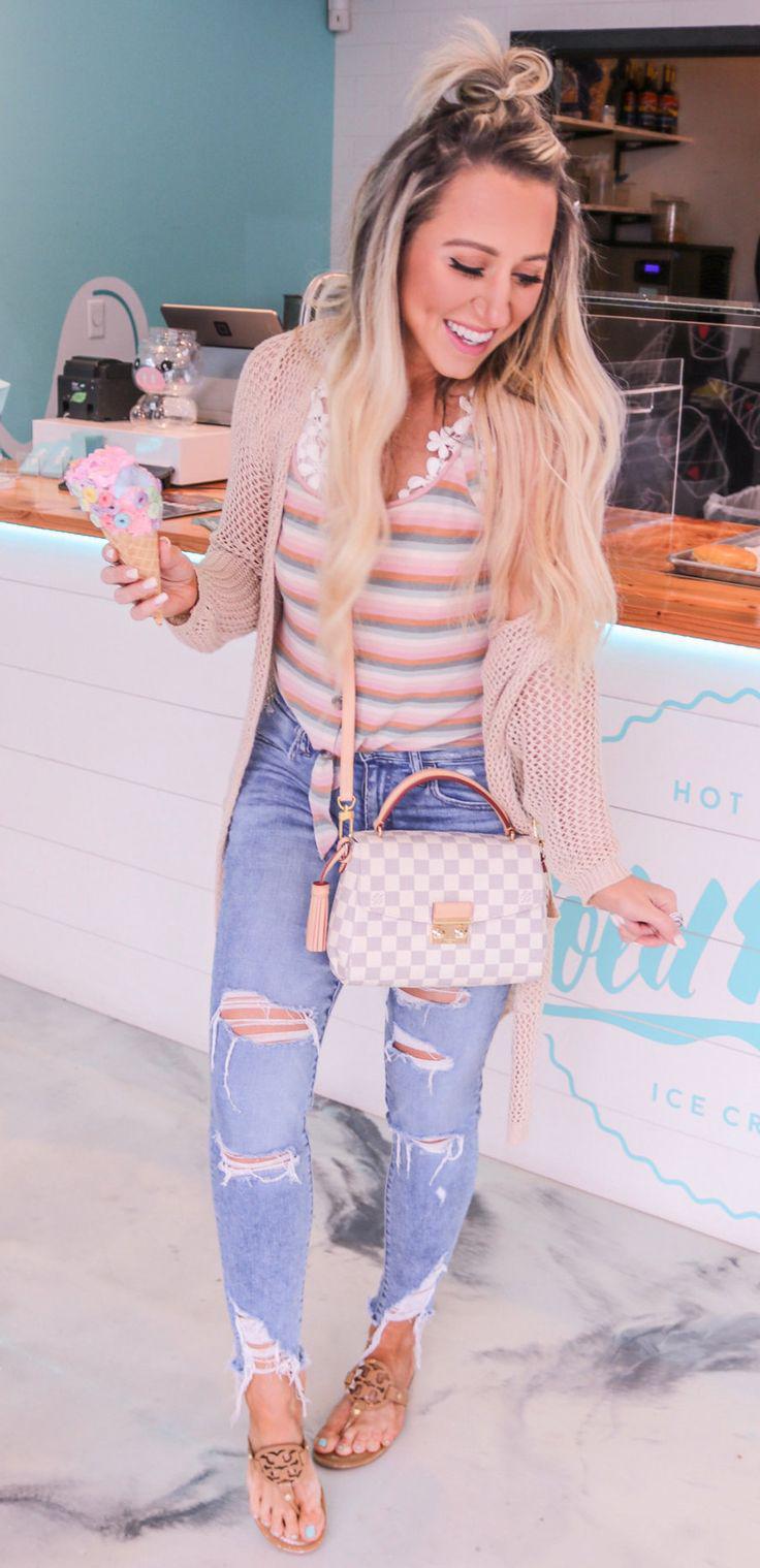 pink and gray striped shirt #summer #outfits style: summer outfits,  shirts,  White Cardigan  