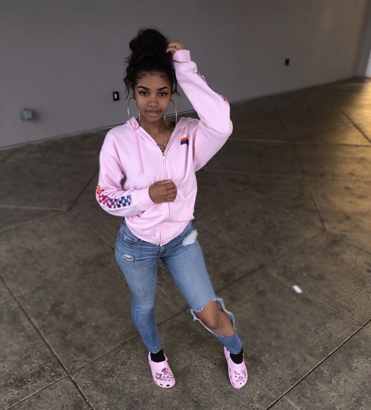 Her school day is pretty in pink with this soft hoodie and denim combo!: winter outfits,  Baddie Outfits  
