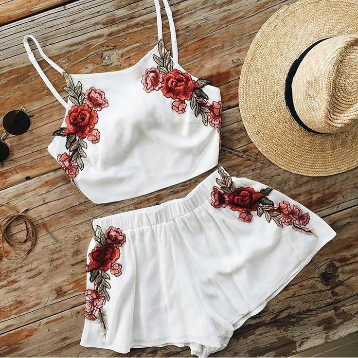 Floral embroidered two piece: Romper suit,  Spaghetti strap,  Crop top,  Floral design,  Tumblr Outfits  