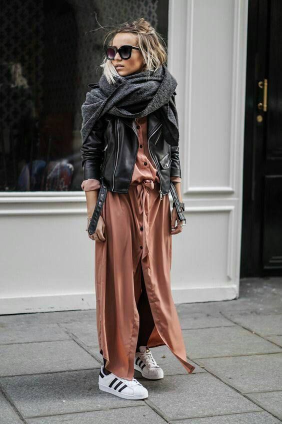 Long dress and leather jacket: winter outfits,  Trench coat,  Maxi dress,  Street Outfit Ideas  