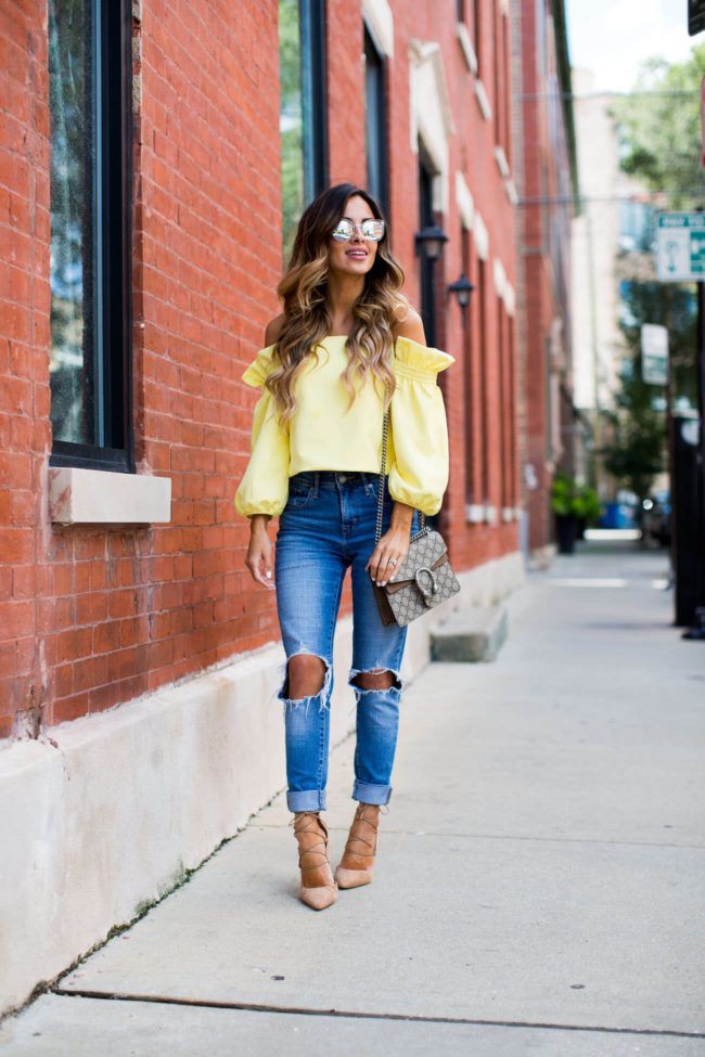 Yellow off the shoulder top outfits: Sam Edelman,  Yellow Outfits Girls,  Off Shoulder  