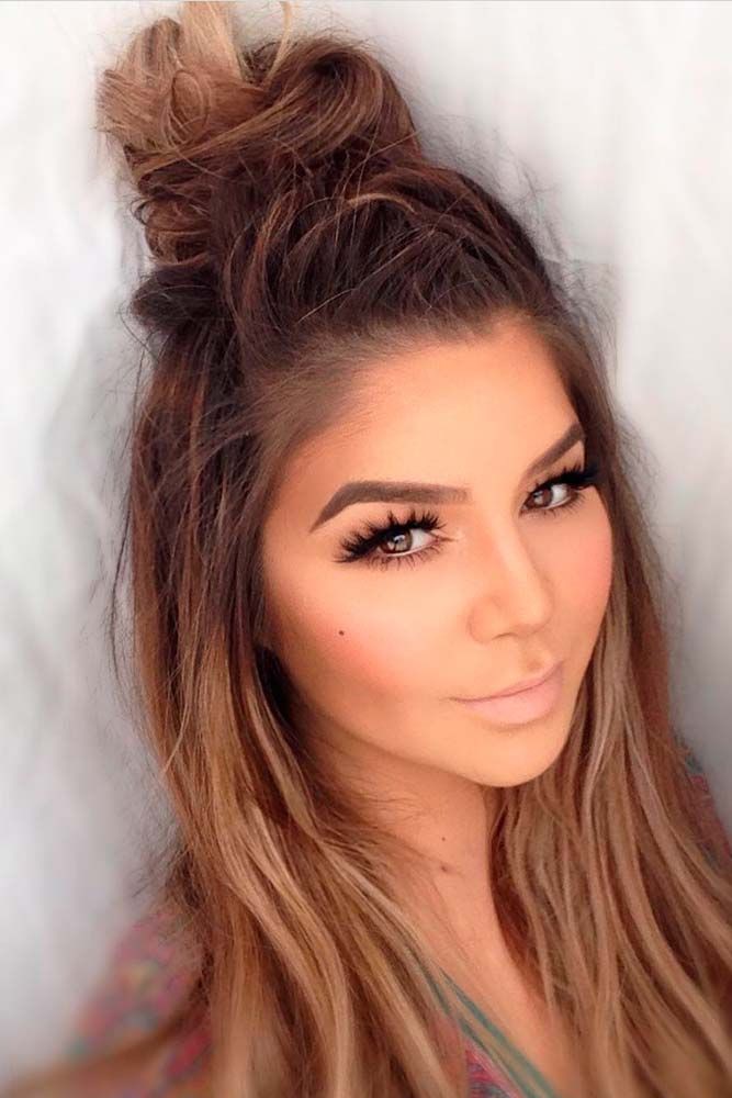 Top knot medium length hair: Long hair,  Brown hair,  Short hair,  Top knot,  Regular haircut,  Bun Hairstyle  