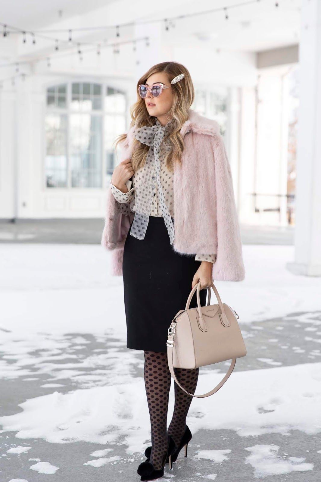 Try these fashion model, Fur clothing: High-Heeled Shoe,  Fur clothing,  Animal print,  White coat,  Street Style,  Outfit With Tights  