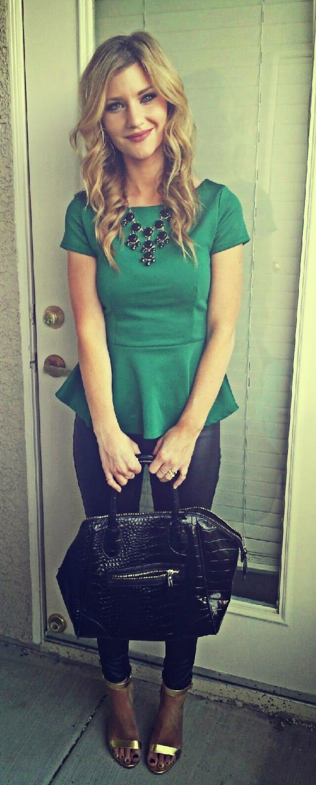 Green peplum top outfit, Sleeveless shirt: Crop top,  Sleeveless shirt,  Legging Outfits,  Casual Outfits  