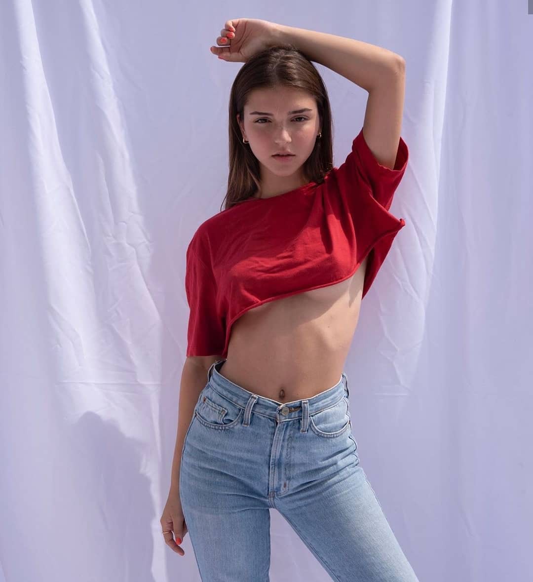 Cute Teen Models in Hot Red top pair with fitted Jeans: Brown hair,  Photo shoot,  Hot Instagram Models  