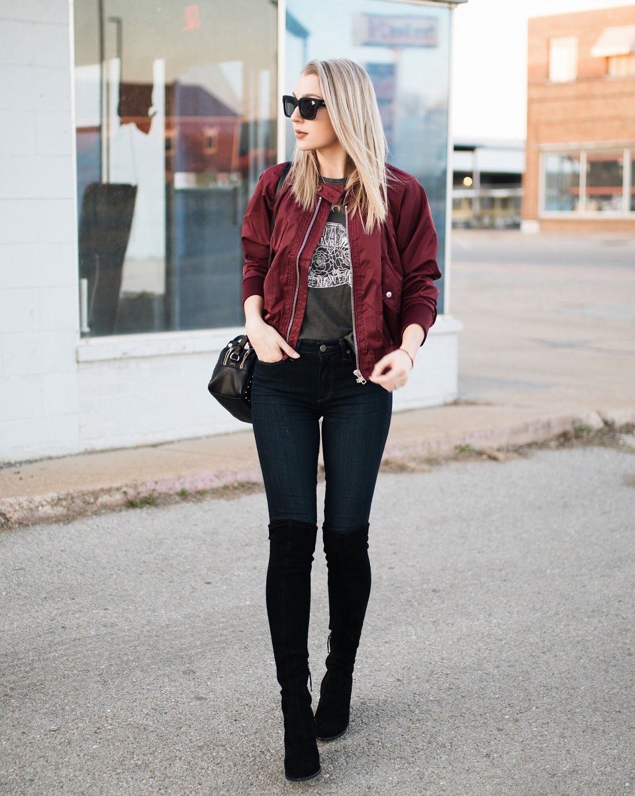 Nice choice for bomber jacket ootd, Burgundy bomber jacket: winter outfits,  Flight jacket,  Jacket Outfits,  bomber jacket  