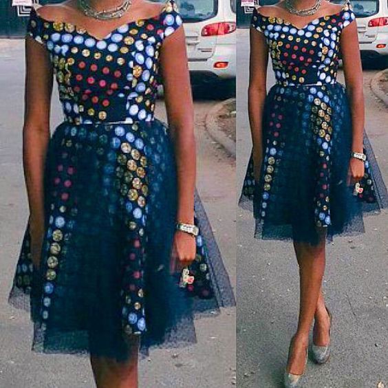 Robe pagne et tulle, Cocktail dress: Cocktail Dresses,  Evening gown,  Polka dot,  Short Dresses,  Robe chic,  Dutch Wax  