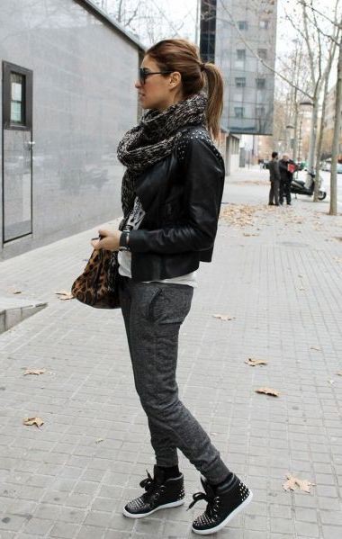 Black leather high tops womens: Leather jacket,  Sporty Outfits  