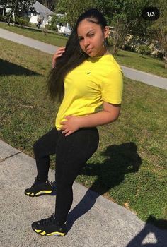 She Brings the Sunshine to School in a Yellow Tee and Black Leggings!: Baddie Outfits,  Casual Outfits,  Jordans Outfits  