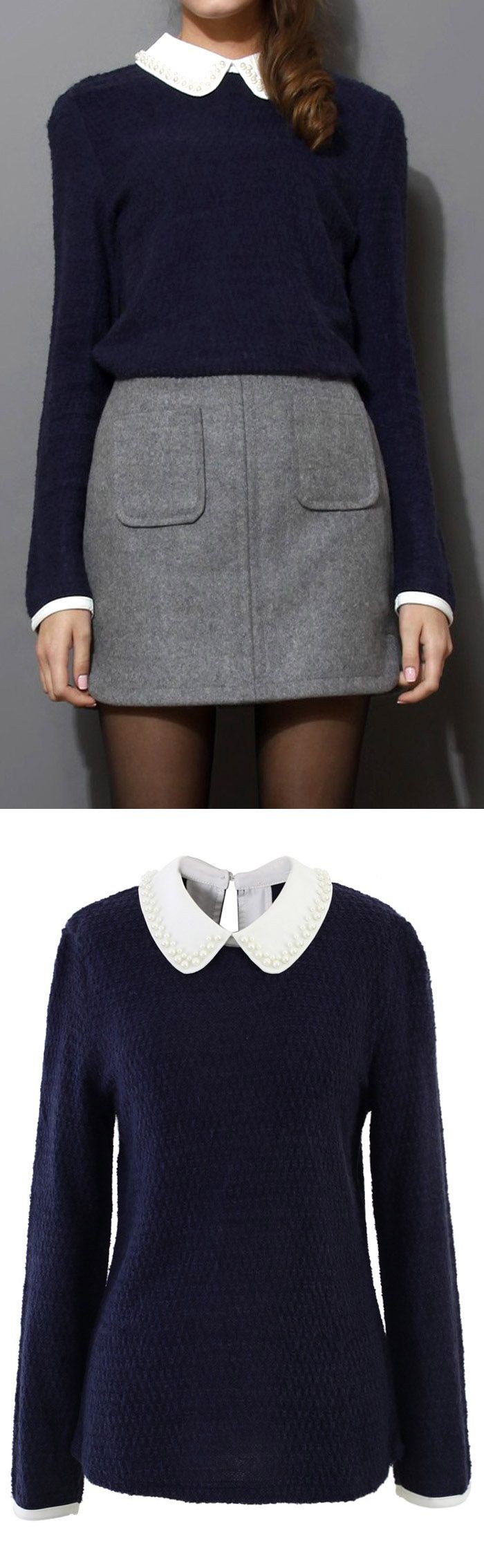Peter pan collar shirt blue: shirts,  Skirt Outfits  