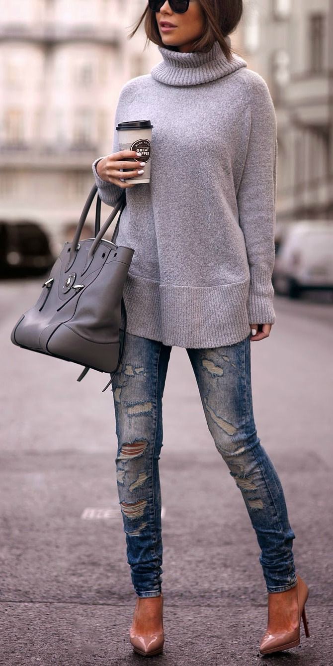 Perfect & stylish grey turtleneck outfit, Polo neck: winter outfits,  Slim-Fit Pants,  Polo neck,  Street Style,  Casual Outfits,  Skinny Women Outfits  