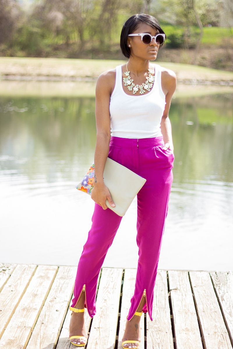 Where to see fuchsia pants outfit, Capri pants: Cocktail Dresses,  Sheath dress,  Capri pants,  Casual Outfits,  Yellow Shoes  