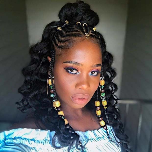 Fulani braids with crochet hair: Long hair,  Crochet braids,  Pixie cut,  Braids Hairstyles,  Top knot,  French braid,  Black hair  