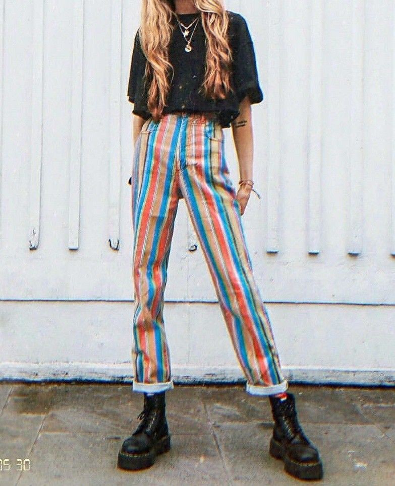 Outfit ideas for colorful striped jeans, Striped Casual Pants: Vintage clothing,  Street Style,  Pant Outfits,  Stripe Trousers  