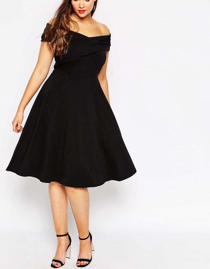 ASOS CURVE Midi Skater Dress With Bardot Cross Front at asos.com Fashionable Cocktail Dress For Plus Size Women: Plus size outfit,  Cute Cocktail Dress,  Girls Outfit Plus-Size,  Plus Size Party Outfits,  Cocktail Plus-Size Dress,  Curvy Cocktail Dresses  