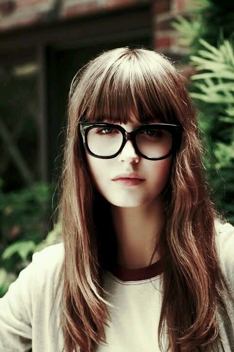 Long hair with bangs and glasses: Bob cut,  Long hair,  Brown hair,  Short hair,  Layered hair,  Red hair,  Nerdy Glasses  