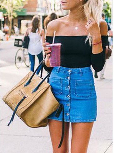 Off the shoulder shirt with skirt: Denim skirt,  Crop top,  shirts,  Mini Skirt Outfit,  Off Shoulder  