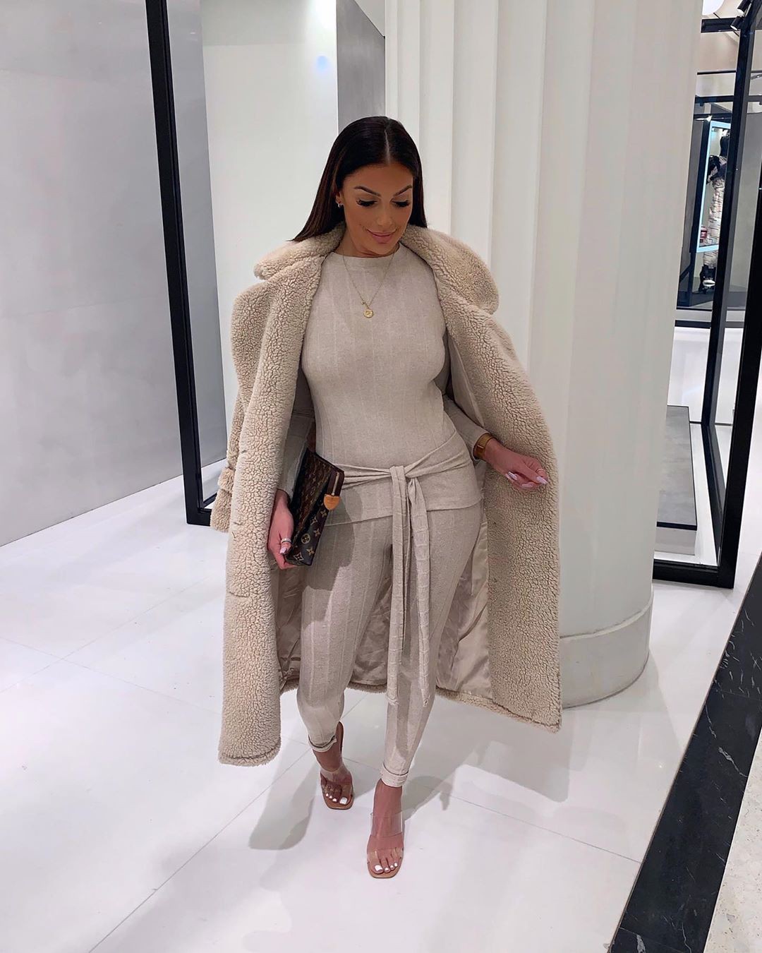 beige colour outfit with fur trench coat, overcoat, coat: Fashion photography,  Trench coat,  beige coat,  Beige Trench Coat,  Beige Overcoat,  Beige Fur,  Furry Coat,  Wool Coat  