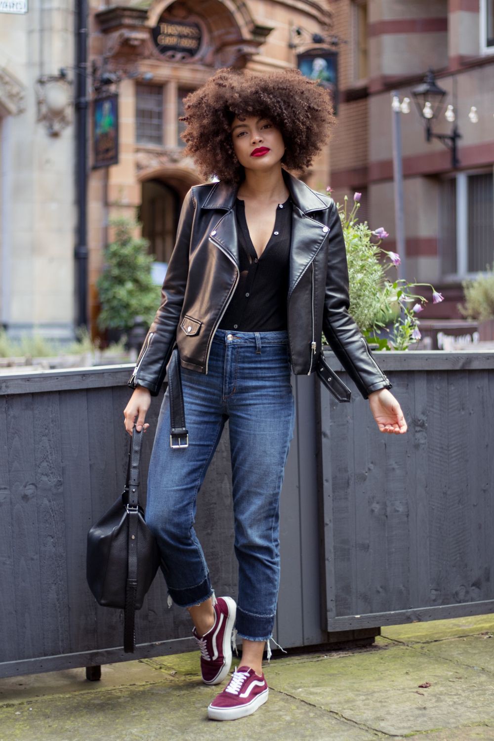 Burgundy vans outfit: Leather jacket,  Baddie Outfits,  Casual Outfits,  Maroon And Brown Outfit  