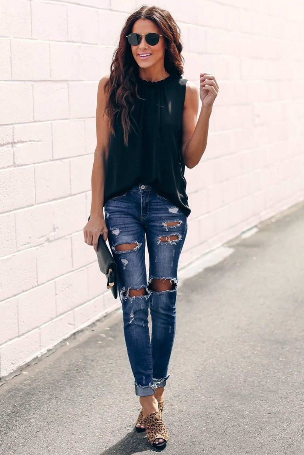 Blue colour combination with sleeveless shirt, leggings, denim: Sleeveless shirt,  Street Style,  Ripped Jeans,  Blue Outfit  