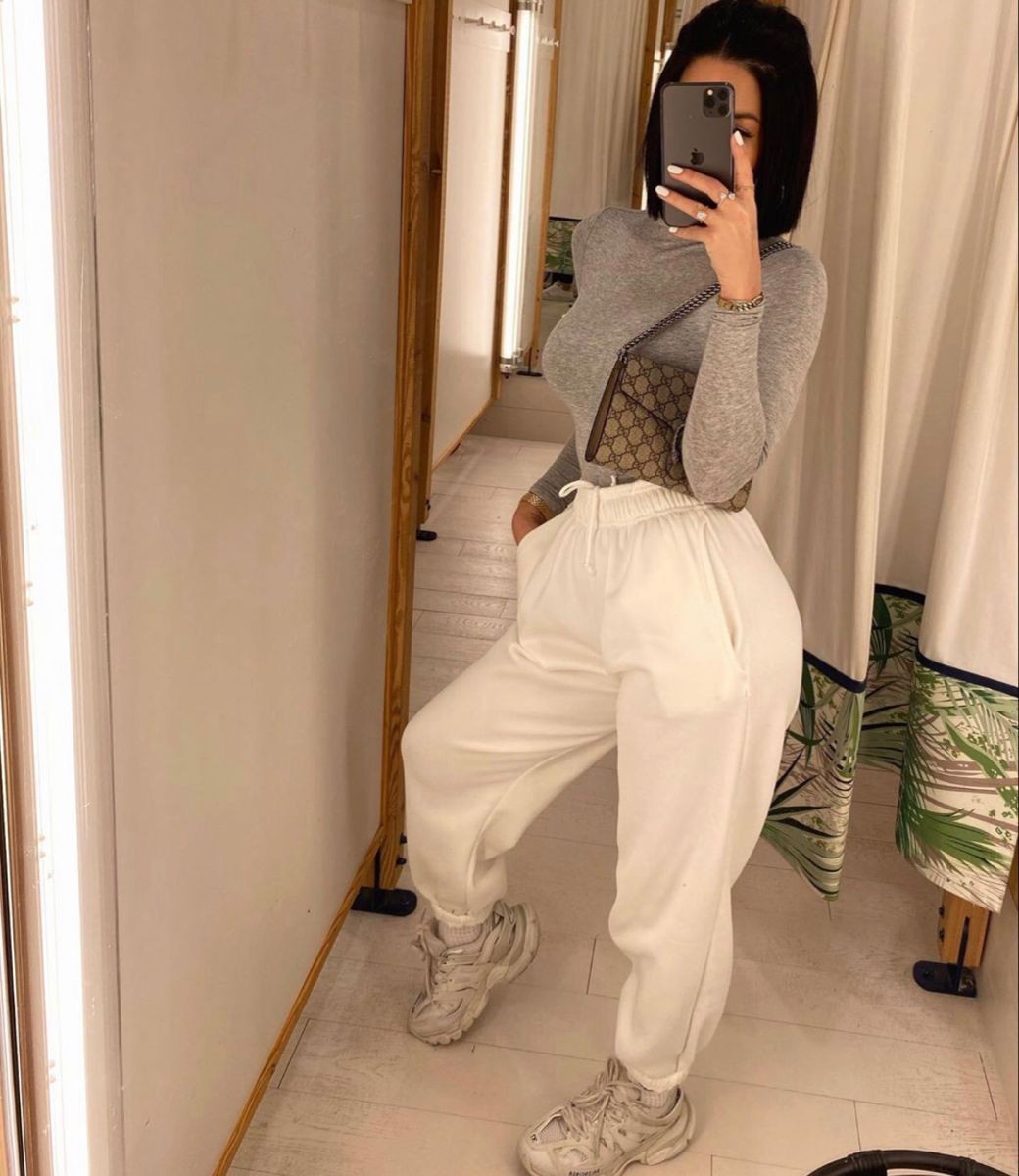 white outfit ideas with sweatpant, trousers, hot legs: Casual Outfits,  White Trousers  