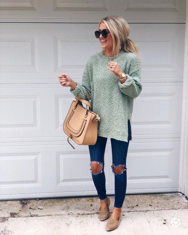 Turquoise and beige outfit style with sweater, shirt, denim: winter outfits,  Street Style,  Ripped Jeans,  Turquoise And Beige Outfit  