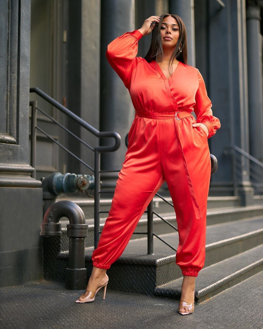 Orange and red colour dress with leather: fashion model,  Shoulder strap,  Date Outfits,  Street Style,  Orange And Red Outfit  