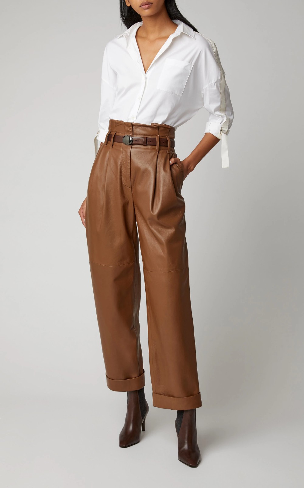 Brown leather pants outfit highwaist