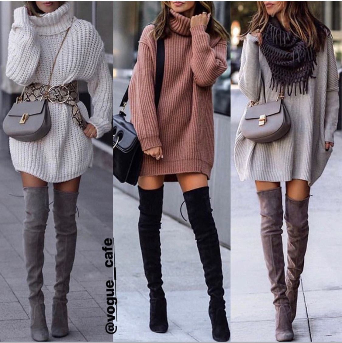 Designer outfit with sweater: winter outfits,  Boot Outfits,  Street Style,  Knee High Boot  