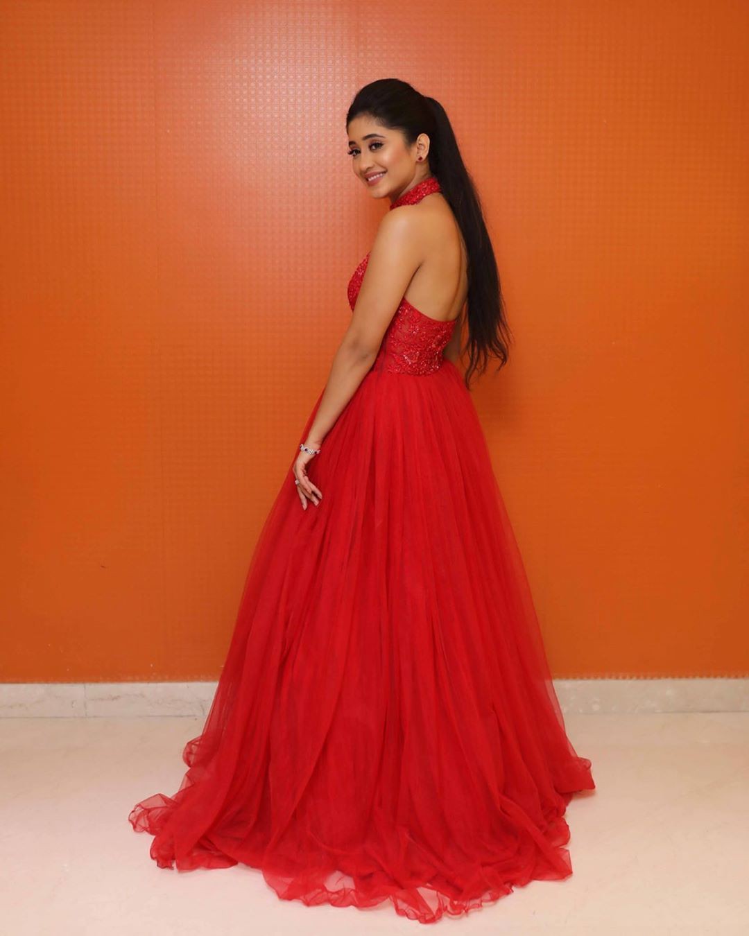 orange dresses ideas with dress, gown, photoshoot poses: Formal wear,  Bridal Party Dress,  Orange And Red Outfit,  Shivangi Joshi Instagram  