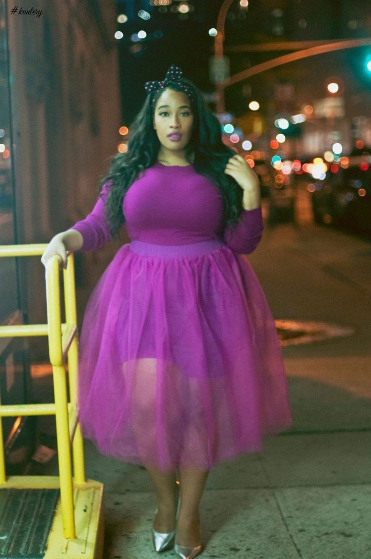 Outfit style purple tulle skirt plus size clothing, plus size model