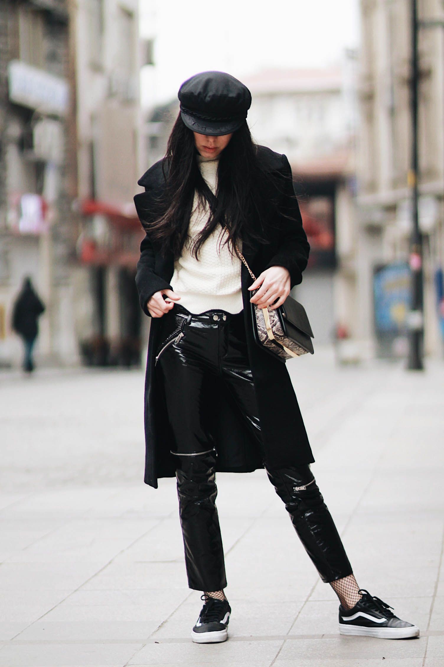 Style outfit leather pants fishnets, patent leather, street fashion, trench coat: Trench coat,  Black Outfit,  Street Style,  Leather Pant Outfits,  Wool Coat  