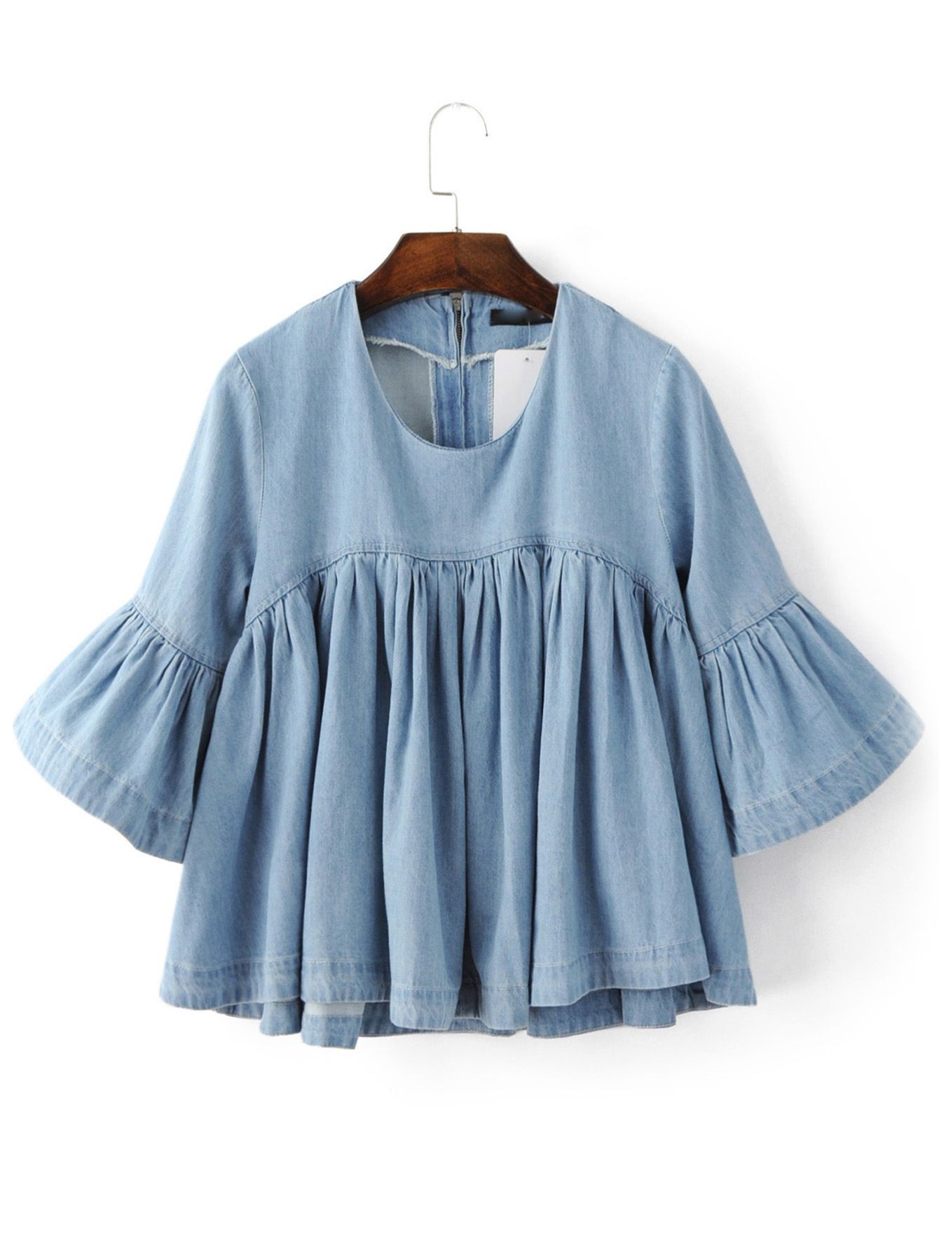 Colour outfit ideas 2020 ruffle denim shirt, bell sleeve, t shirt: summer outfits,  Bell sleeve,  T-Shirt Outfit,  Blue Outfit  