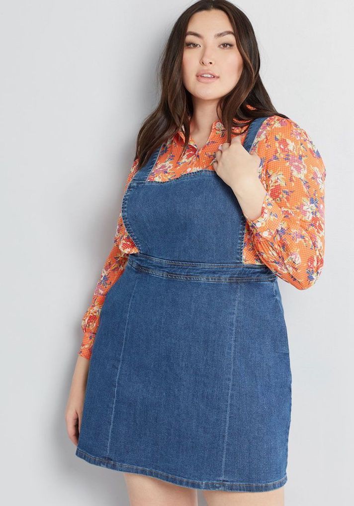 Plus size denim jumper plus size clothing, romper suit: Romper suit,  Date Outfits,  day dress,  Orange And Blue Outfit  