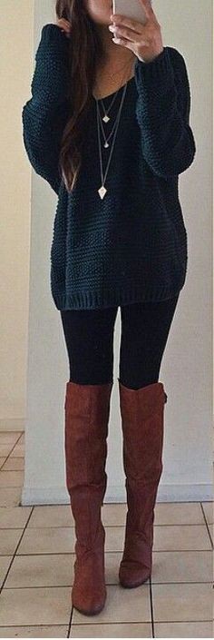 Outfit instagram fall boot outfits thigh high boots, knee high boot: Black Outfit,  Knee High Boot,  Legging Outfits,  Chap boot  