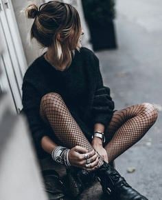 Trendy clothing ideas with tights: Black Outfit,  Long hair,  Fishnet Stockings Black  