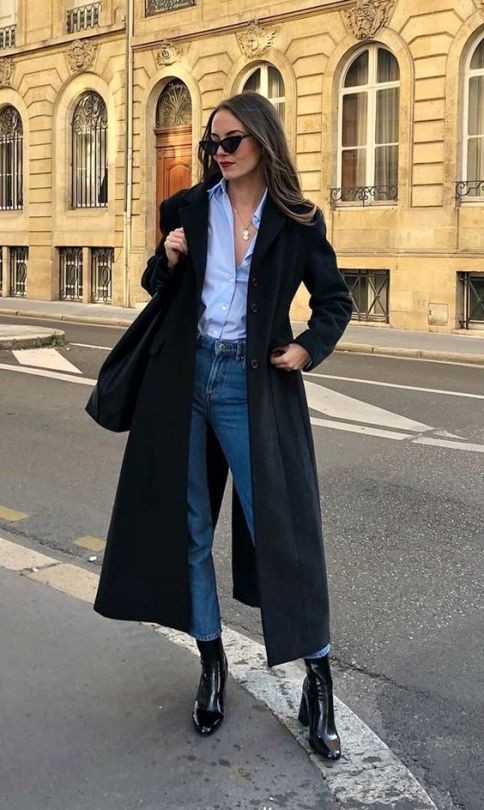 Womens long black coat street style