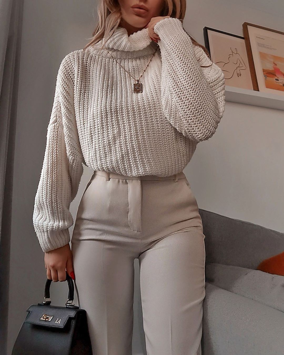 White colour outfit with sweater, jeans, skirt