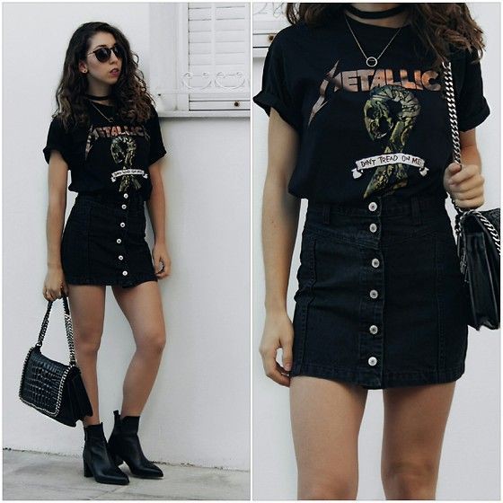 Denim skirt band shirt, denim skirt, t shirt: Denim skirt,  T-Shirt Outfit,  White And Black Outfit  