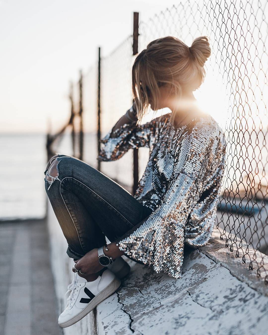 Colour outfit with little black dress, little black dress, bell sleeve, jeans: Bell sleeve,  Veja Sneakers,  Sequin Dresses,  Street Style  