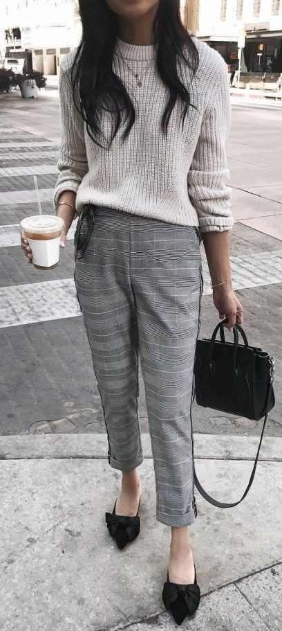 Sweater with plaid pants outfit: Polo neck,  Street Style,  Black And White Outfit,  Black And White,  Tweed Pants,  Checked Trousers  