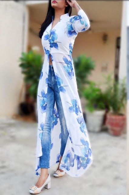 Side cut simple long kurti with jeans