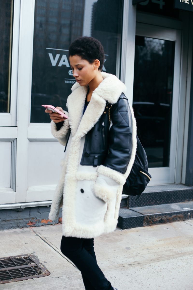 White colour dress with jacket, jeans, coat: Fashion photography,  Fashion week,  Shearling coat,  winter outfits,  White Outfit,  Street Style,  White Trench Coat,  Black And White,  Wool Coat  